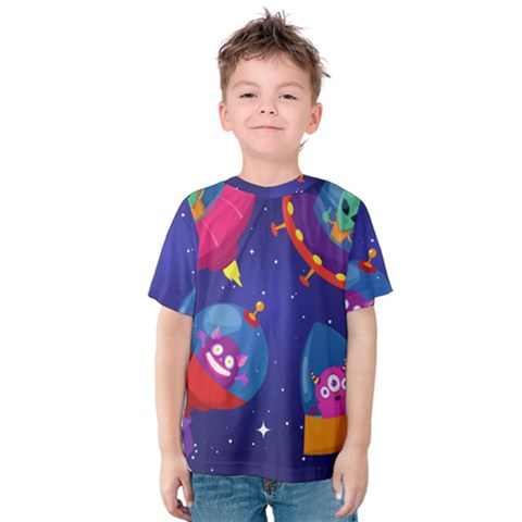 Cartoon-funny-aliens-with-ufo-duck-starry-sky-set Kids  Cotton Tee by Salman4z