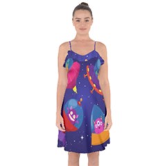 Cartoon-funny-aliens-with-ufo-duck-starry-sky-set Ruffle Detail Chiffon Dress by Salman4z