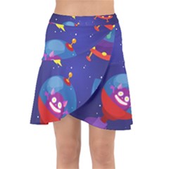 Cartoon-funny-aliens-with-ufo-duck-starry-sky-set Wrap Front Skirt by Salman4z