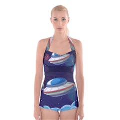 Ufo-alien-spaceship-galaxy Boyleg Halter Swimsuit  by Salman4z