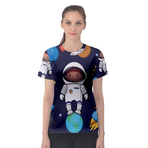 Boy-spaceman-space-rocket-ufo-planets-stars Women s Sport Mesh Tee by Salman4z