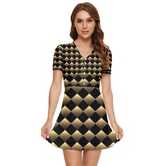 Golden Chess Board Background V-neck High Waist Chiffon Mini Dress by pakminggu