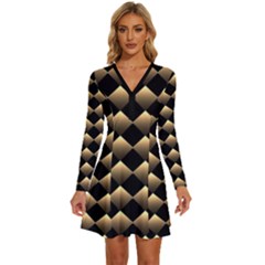 Golden Chess Board Background Long Sleeve Deep V Mini Dress  by pakminggu