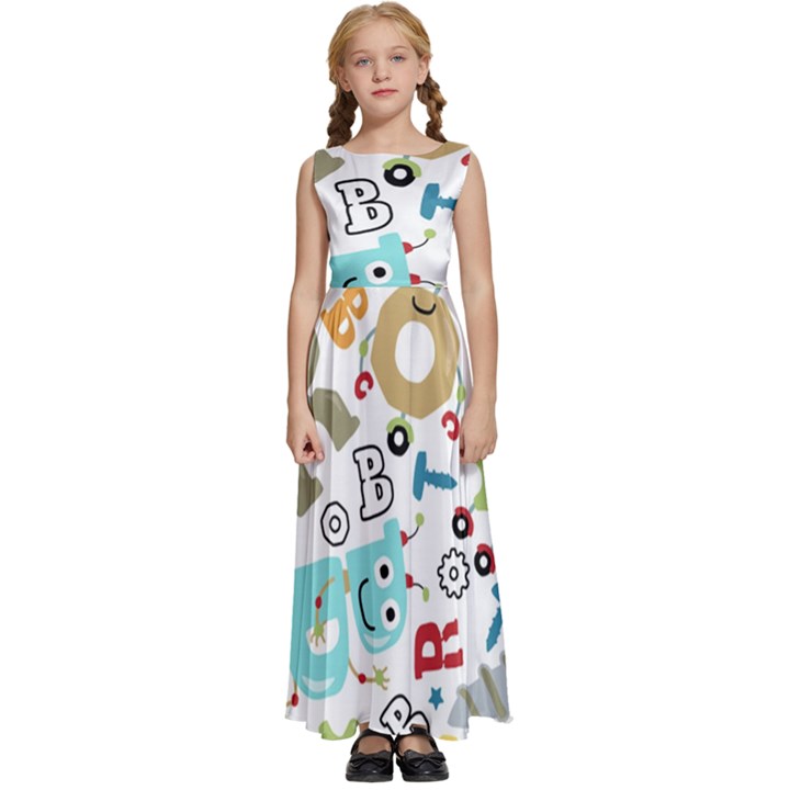 Seamless-pattern-vector-with-funny-robots-cartoon Kids  Satin Sleeveless Maxi Dress