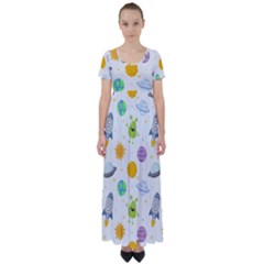 Seamless-pattern-cartoon-space-planets-isolated-white-background High Waist Short Sleeve Maxi Dress by Salman4z