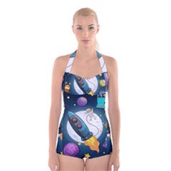 Spaceship-astronaut-space Boyleg Halter Swimsuit  by Salman4z