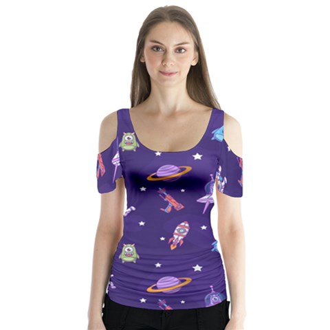 Space-seamless-pattern Butterfly Sleeve Cutout Tee  by Salman4z