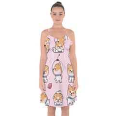 Set-kawaii-smile-japanese-dog-akita-inu-cartoon Ruffle Detail Chiffon Dress by Salman4z