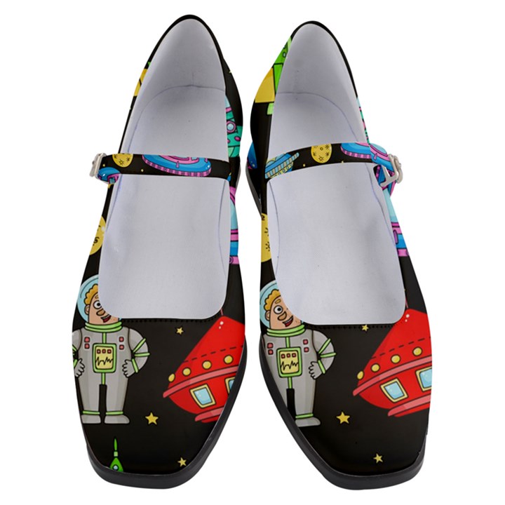 Seamless-pattern-with-space-objects-ufo-rockets-aliens-hand-drawn-elements-space Women s Mary Jane Shoes