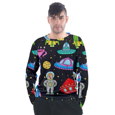 Seamless-pattern-with-space-objects-ufo-rockets-aliens-hand-drawn-elements-space Men s Long Sleeve Raglan Tee by Salman4z