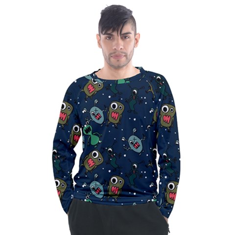 Monster-alien-pattern-seamless-background Men s Long Sleeve Raglan Tee by Salman4z