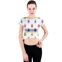 Seamless-pattern-cute-funny-monster-cartoon-isolated-white-background Crew Neck Crop Top by Salman4z