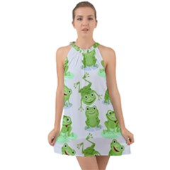 Cute-green-frogs-seamless-pattern Halter Tie Back Chiffon Dress by Salman4z