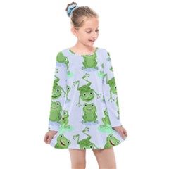 Cute-green-frogs-seamless-pattern Kids  Long Sleeve Dress by Salman4z