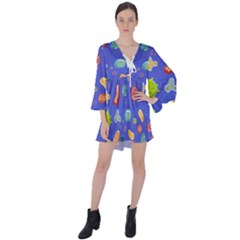 Virus-seamless-pattern V-neck Flare Sleeve Mini Dress by Salman4z