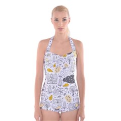 Doodle-seamless-pattern-with-autumn-elements Boyleg Halter Swimsuit  by Salman4z