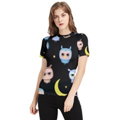 Cute-owl-doodles-with-moon-star-seamless-pattern Women s Short Sleeve Rash Guard by Salman4z