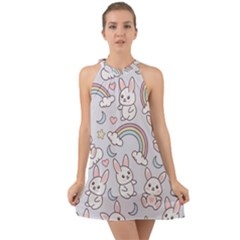 Seamless-pattern-with-cute-rabbit-character Halter Tie Back Chiffon Dress by Salman4z