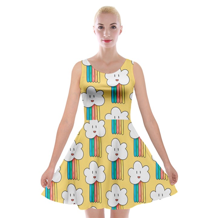 Smile-cloud-rainbow-pattern-yellow Velvet Skater Dress