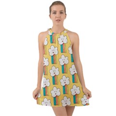 Smile-cloud-rainbow-pattern-yellow Halter Tie Back Chiffon Dress by Salman4z