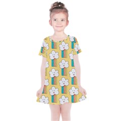 Smile-cloud-rainbow-pattern-yellow Kids  Simple Cotton Dress by Salman4z