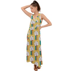 Smile-cloud-rainbow-pattern-yellow V-neck Chiffon Maxi Dress by Salman4z