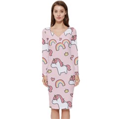 Cute-unicorn-rainbow-seamless-pattern-background Long Sleeve V-neck Bodycon Dress  by Salman4z