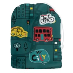 Seamless-pattern-hand-drawn-with-vehicles-buildings-road Drawstring Pouch (3xl) by Salman4z