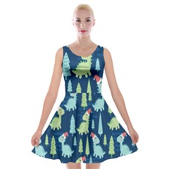 Cute Dinosaurs Animal Seamless Pattern Doodle Dino Winter Theme Velvet Skater Dress by pakminggu