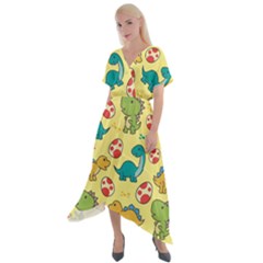 Seamless Pattern With Cute Dinosaurs Character Cross Front Sharkbite Hem Maxi Dress by pakminggu