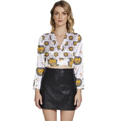 Lion Heads Pattern Design Doodle Long Sleeve Tie Back Satin Wrap Top by pakminggu