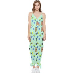 Dog Pattern Seamless Blue Background Scrapbooking Sleeveless Tie Ankle Chiffon Jumpsuit by pakminggu