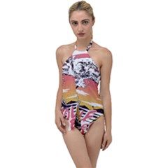 Gray Wolf Beach Waves A Wolf Animal Retro Go With The Flow One Piece Swimsuit by pakminggu