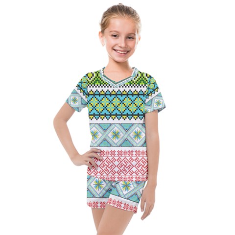 Ukraine Ornament Pattern Symbolism Geometric Kids  Mesh Tee And Shorts Set by pakminggu