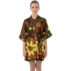 Floral Hearts Brown Green Retro Half Sleeve Satin Kimono  by danenraven