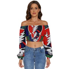 Grateful Dead Pattern Long Sleeve Crinkled Weave Crop Top by Mog4mog4