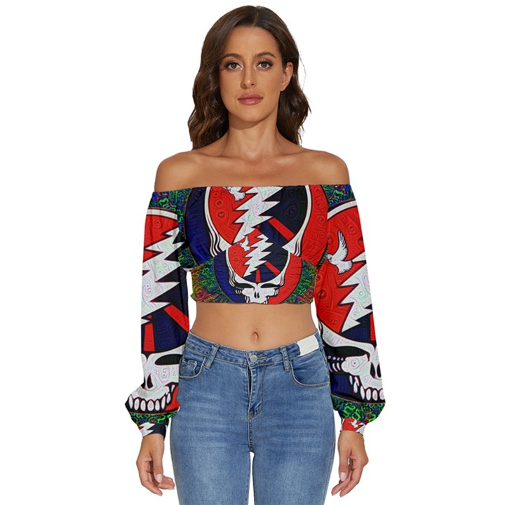 Grateful Dead Pattern Long Sleeve Crinkled Weave Crop Top