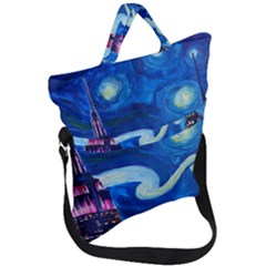 Starry Night In New York Van Gogh Manhattan Chrysler Building And Empire State Building Fold Over Handle Tote Bag by Mog4mog4