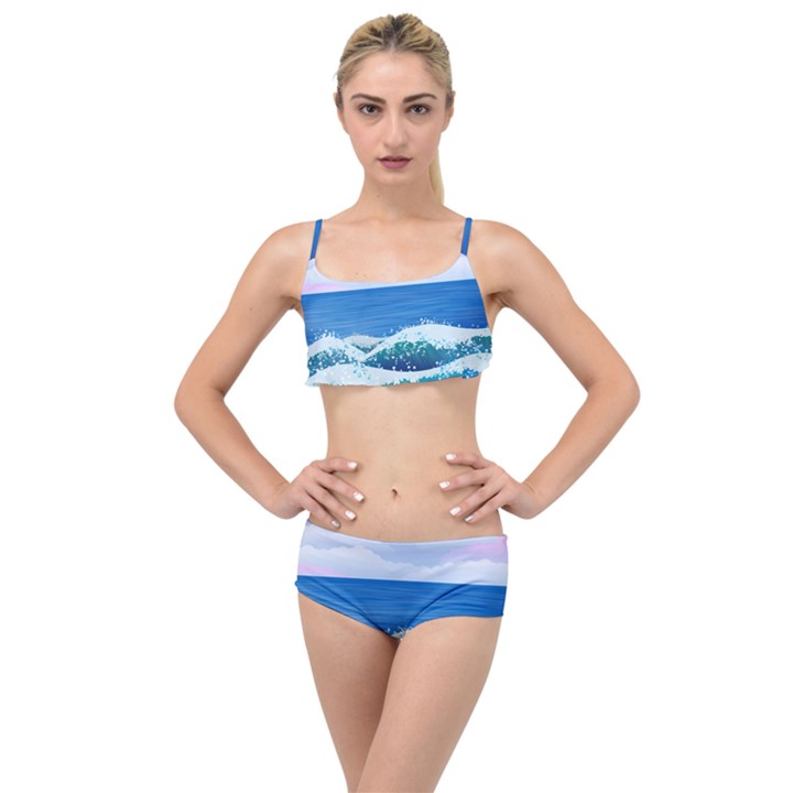 Illustration Landscape Sea Ocean Waves Beach Blue Layered Top Bikini Set