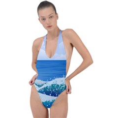 Illustration Landscape Sea Ocean Waves Beach Blue Backless Halter One Piece Swimsuit by Mog4mog4