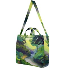 Landscape Illustration Nature Forest River Water Square Shoulder Tote Bag by Mog4mog4