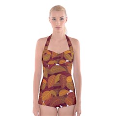 Watercolor Leaves Leaf Orange Boyleg Halter Swimsuit  by Bakwanart