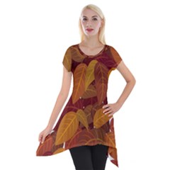 Watercolor Leaves Leaf Orange Short Sleeve Side Drop Tunic by Bakwanart