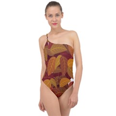 Watercolor Leaves Leaf Orange Classic One Shoulder Swimsuit by Bakwanart