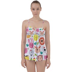 Cute Animals Cartoon Seamless Background Babydoll Tankini Set by Bakwanart