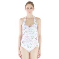 Cats And Food Doodle Seamless Pattern Halter Swimsuit by Bakwanart