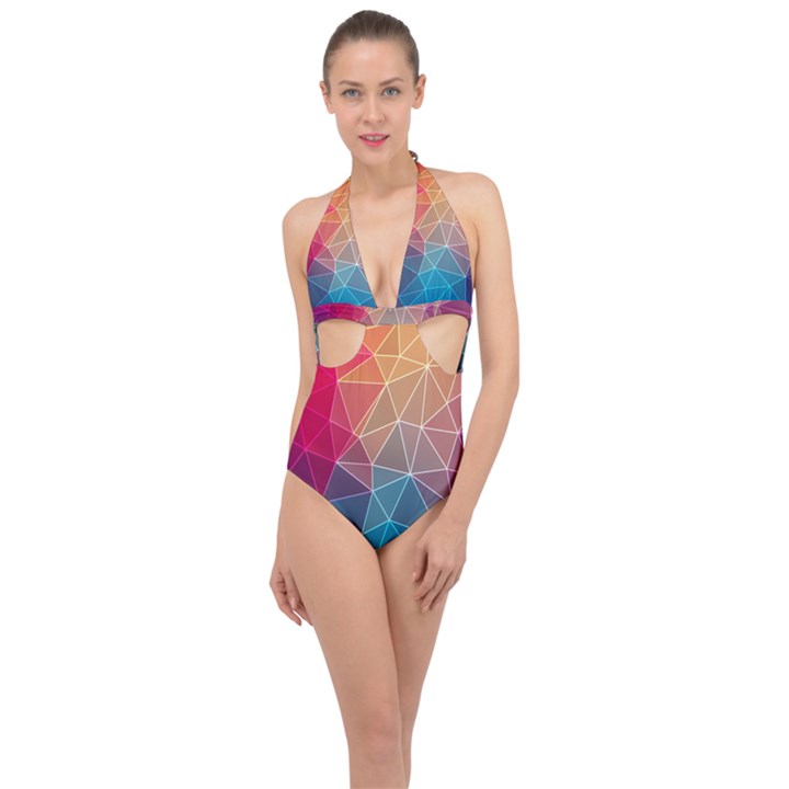 Multicolored Geometric Origami Idea Pattern Halter Front Plunge Swimsuit