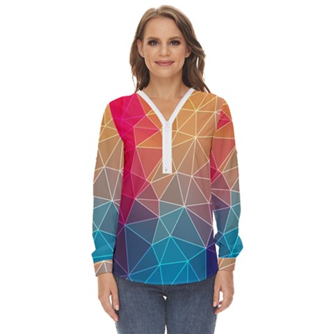 Multicolored Geometric Origami Idea Pattern Zip Up Long Sleeve Blouse by Bakwanart