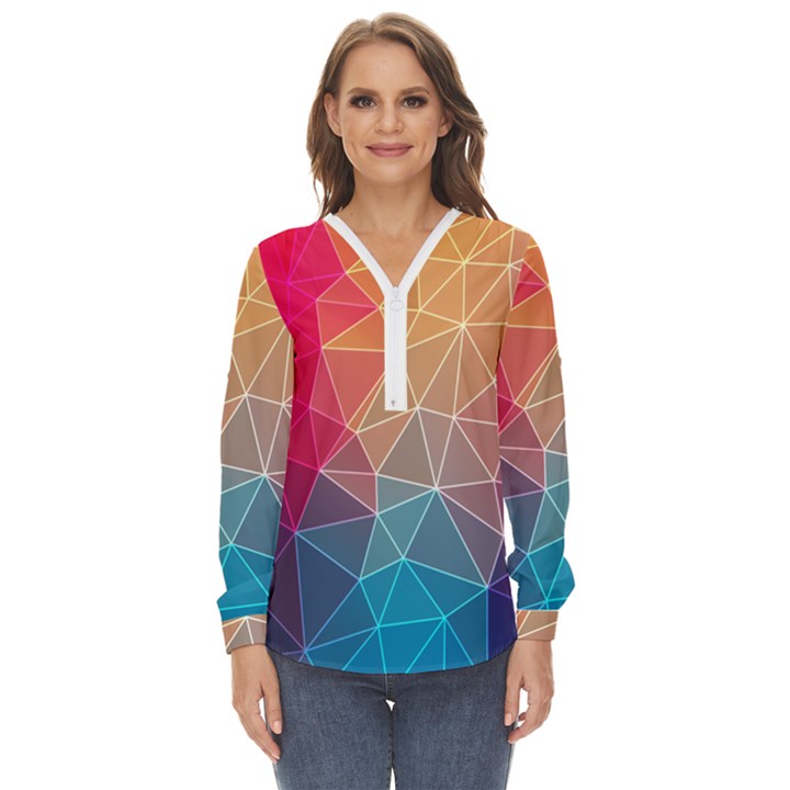 Multicolored Geometric Origami Idea Pattern Zip Up Long Sleeve Blouse