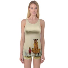 Tiger Sitting Beside Boy Painting Parody Cartoon One Piece Boyleg Swimsuit by Bakwanart